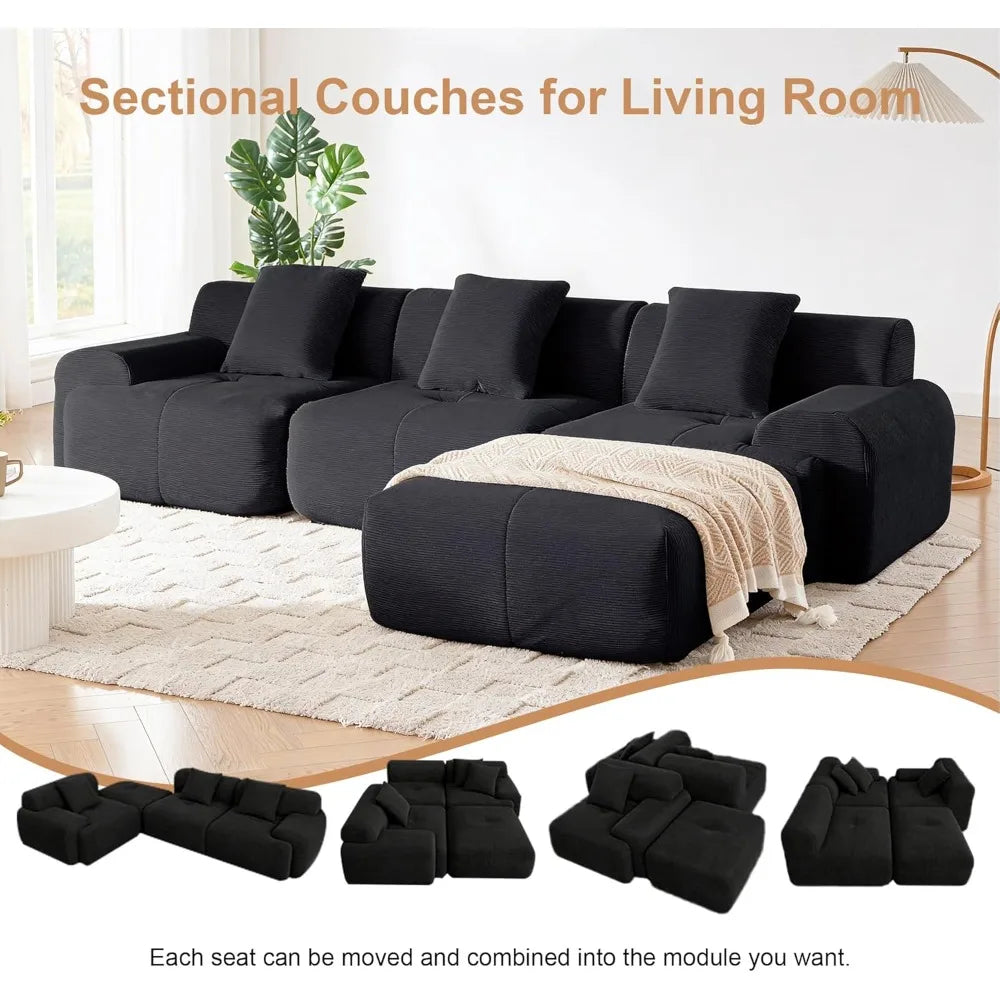 113 Sectional Couch with L Shaped Chaise, Boneless Couch Cloud Modular Sectional Sofa with 4 Seat and Movable Ottoman