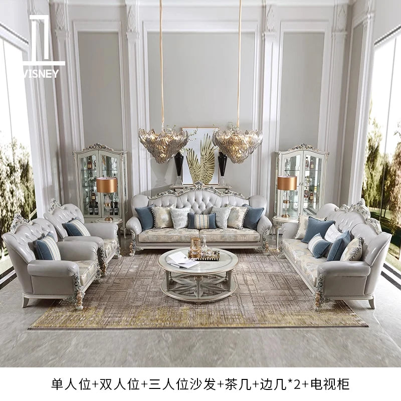 French light luxury living room large apartment first layer cowhide European solid wood carving flower three sofa combination