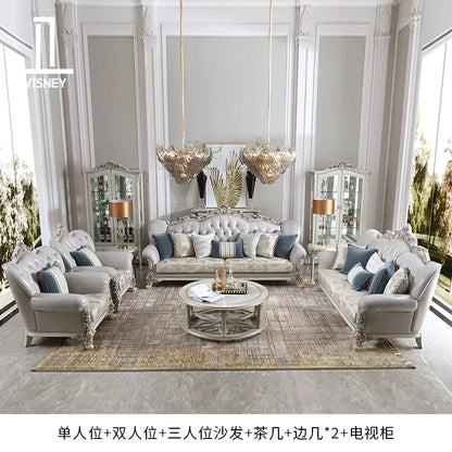 French light luxury living room large apartment first layer cowhide European solid wood carving flower three sofa combination