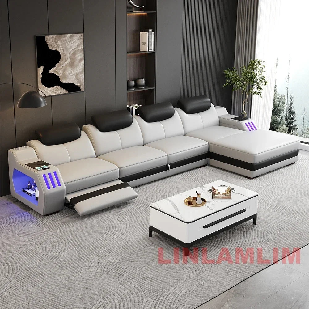 Modern Genuine Leather Massage Sectional Sofa Bed with Adjustable Headrests & LED Lights, Recliner Couch Set with Storage & USB