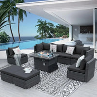 8-Seater Outdoor Patio Sectional Set with Dual Firepit Table, 29.3'' High Back Wicker Seating