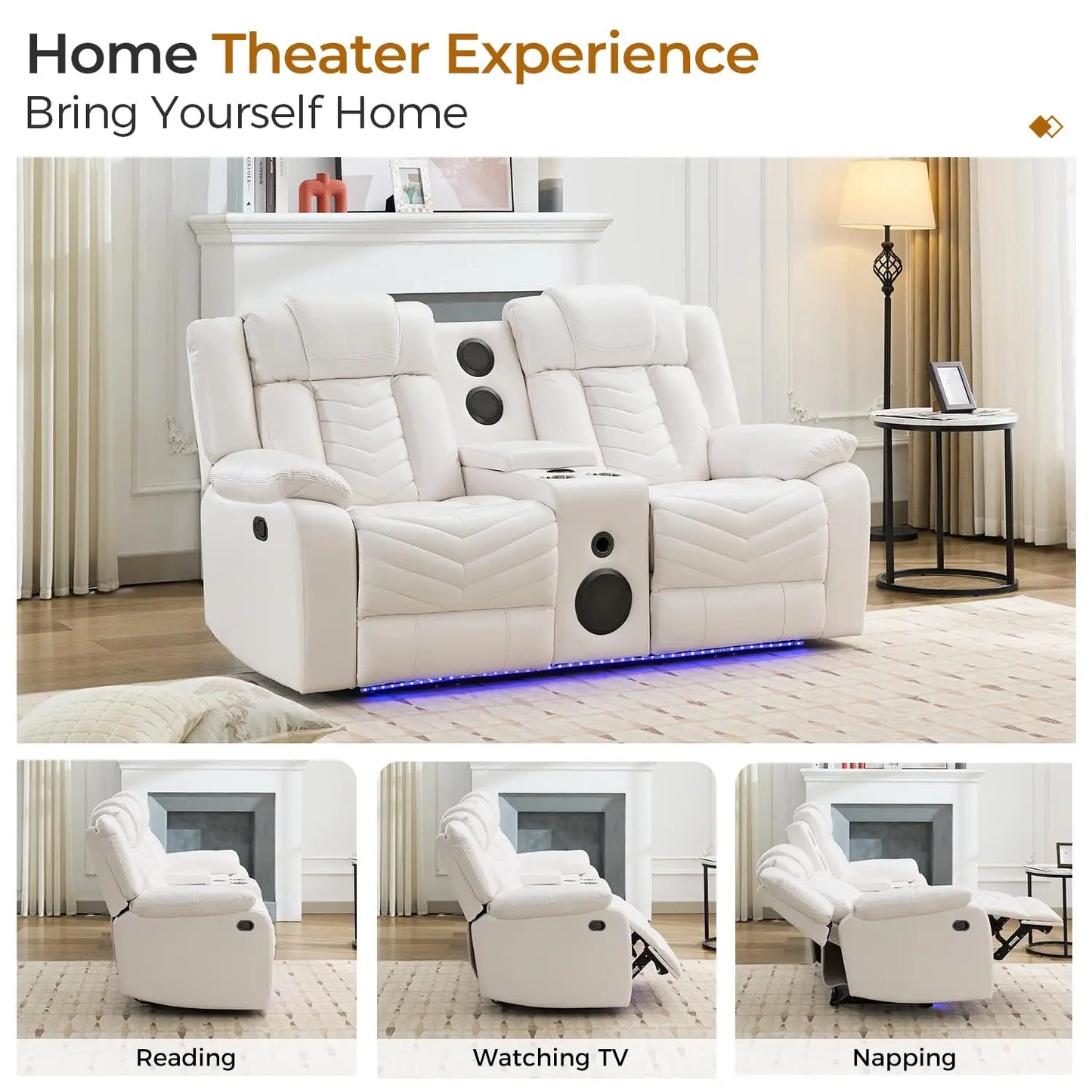 TODRANI Manual Recliner Loveseat with Bass Speaker, Faux Leather Reclining Love Seat with LED Lights, USB Charger, Cup Holder