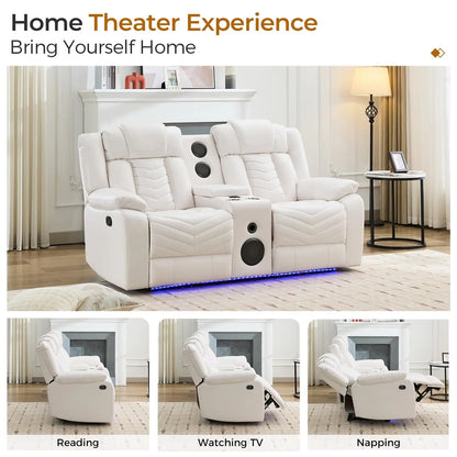 TODRANI Manual Recliner Loveseat with Bass Speaker, Faux Leather Reclining Love Seat with LED Lights, USB Charger, Cup Holder