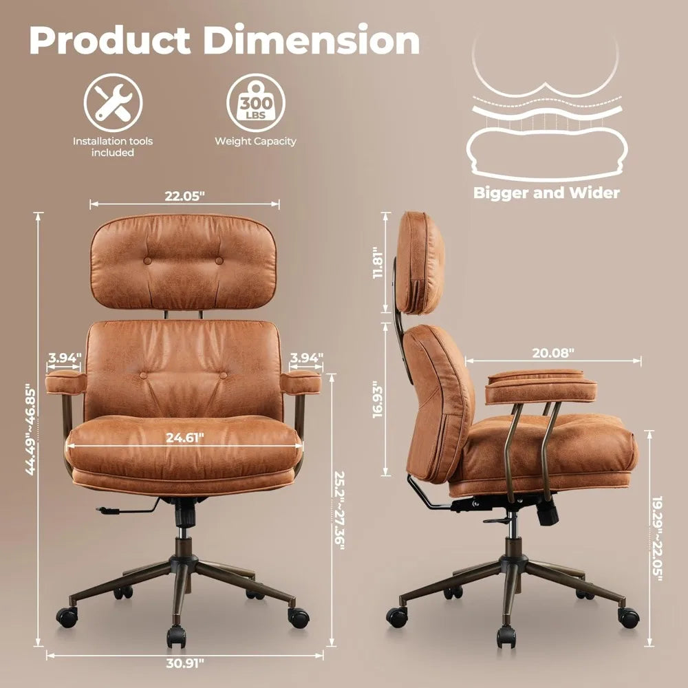 Mid-Century Modern Ergonomic Office Chair with Faux Leather, Lumbar Support, and Thick Cushion