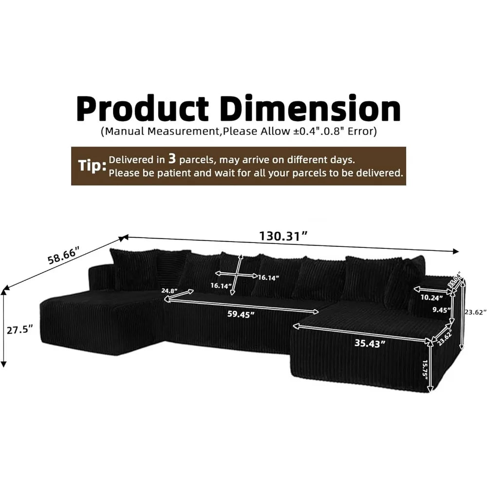 130" Cloud Sectional Couches For Living Room, U Shaped Boneless Sleeper Sofa Bed With Deep Seat Chaise, High Density Foam Compre