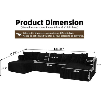 130" Cloud Sectional Couches For Living Room, U Shaped Boneless Sleeper Sofa Bed With Deep Seat Chaise, High Density Foam Compre