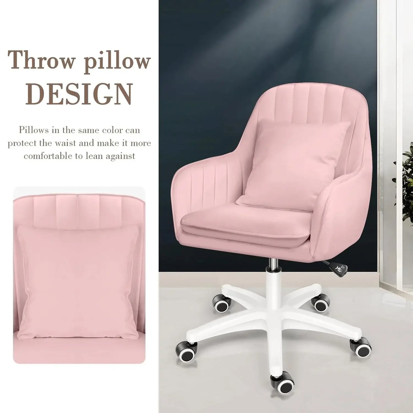 Mid Back Velvet Office Chair with Swivel Base Rolling Casters Adjustable Height Ergonomic Design for Computer Desk Bedroom