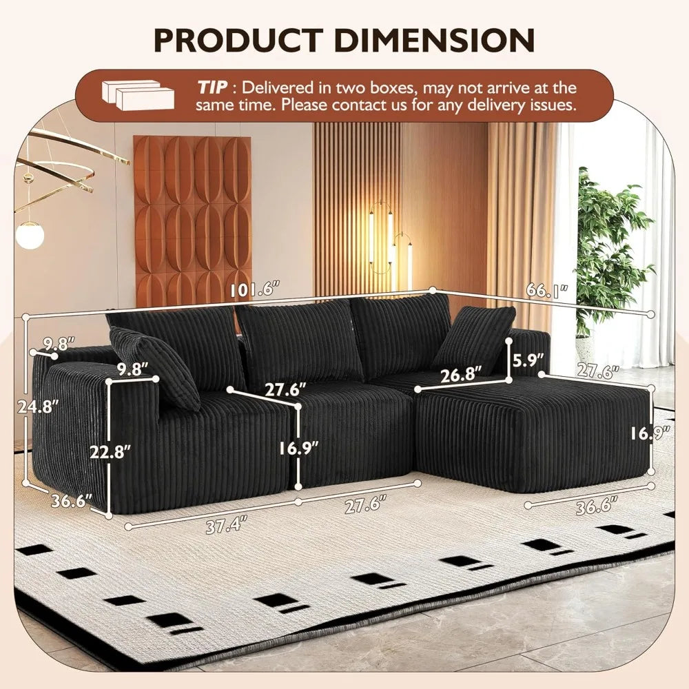 Modern Minimalist Sectional Sofa: L-Shape Cloud Couch with Deep Seats Right Chaise - Black