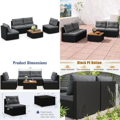 5pc PE Rattan Sectional Set 4 Armless Sofas Acacia Table Cushioned Garden Poolside Backyard Grey Customized