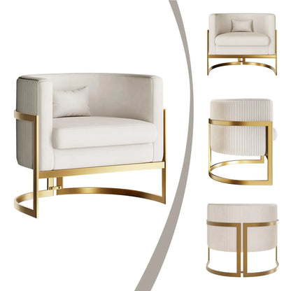 Velvet Upholstered Accent Chair with Gold Frame, Modern Barrel Armchair for Bedroom, Living Room, or Vanity Corner