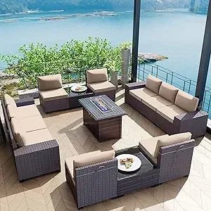 13-piece outdoor patio furniture set with 43-inch 55,000 btu gas propane fire pit table and wicker rattan sectional sofa patio