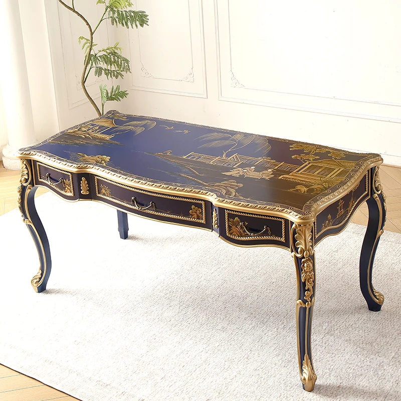 Royal Blue Hand-Painted Solid Wood French-Chinese Dining Set Dining & Study Dual Use