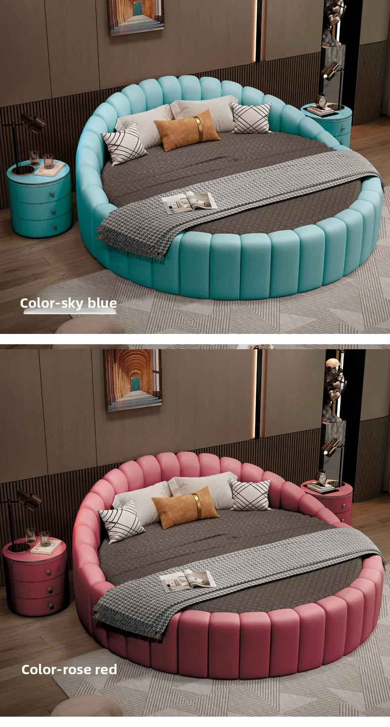 modern simple round bed leather double apartment master bedroom princess bed marriage base de cama king size home furniture