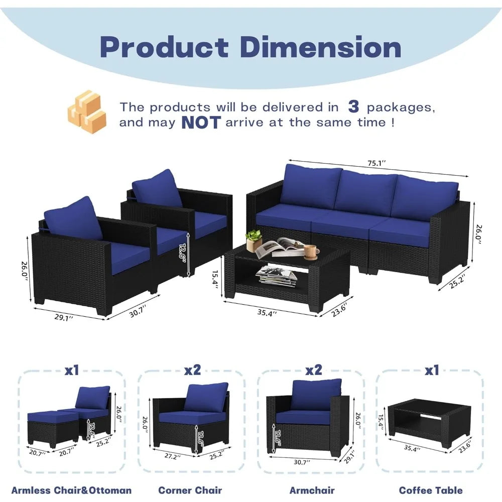 7-piece outdoor patio set, rattan chairs, glass table, wicker sectional for conversation seating