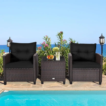 3 Piece Patio Furniture Set, Wicker Bistro Conversation Set w/ 2 Cushioned Armchairs & Glass Topped Table, Outdoor Rattan Sofa
