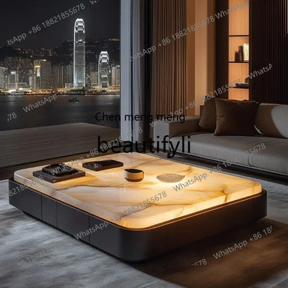 GLuminous jade coffee table, natural marble rectangular luxury stone, high-end light luxury style, living room coffee table