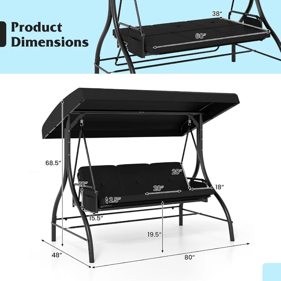 3 Person Porch Swing 2in1 Convertible Outdoor Swing with Adjustable Canopy Removable Cushions Metal Frame Side Pockets for Bac