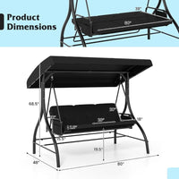 3 Person Porch Swing 2in1 Convertible Outdoor Swing with Adjustable Canopy Removable Cushions Metal Frame Side Pockets for Bac