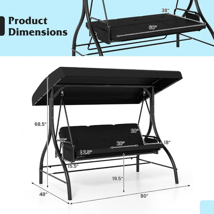 3 Person Porch Swing 2in1 Convertible Outdoor Swing with Adjustable Canopy Removable Cushions Metal Frame Side Pockets for Bac