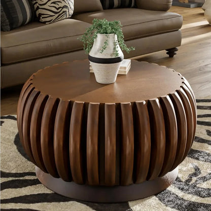 31.5 Inch round Fluted Coffee Table Farmhouse Luxury 3-Leg Base Natural Wood Veneer for Small Spaces