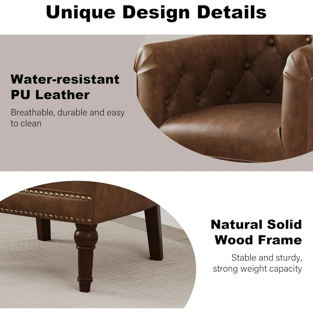 Accent Chair, Upholstered Faux Leather Barrel Chair with Nailed Trim, Comfy Club Armchair for Reading Living Room Bedroom Waitin