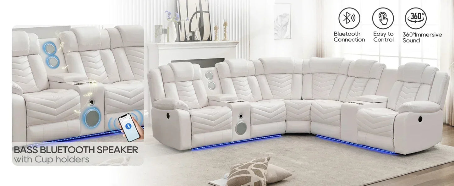 QAZ8-Power Recliner Sectional Sofa Couches with Bass Speakers Living Room.Leather Reclining Corner Sectionals Sofa Couch Sets wi