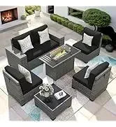 QAZ8-7 Piece Patio Furniture Set Fire Pit Table. Outdoor Conversation Sets Wicker Rattan Sectional Sofa with Coffee TSZ