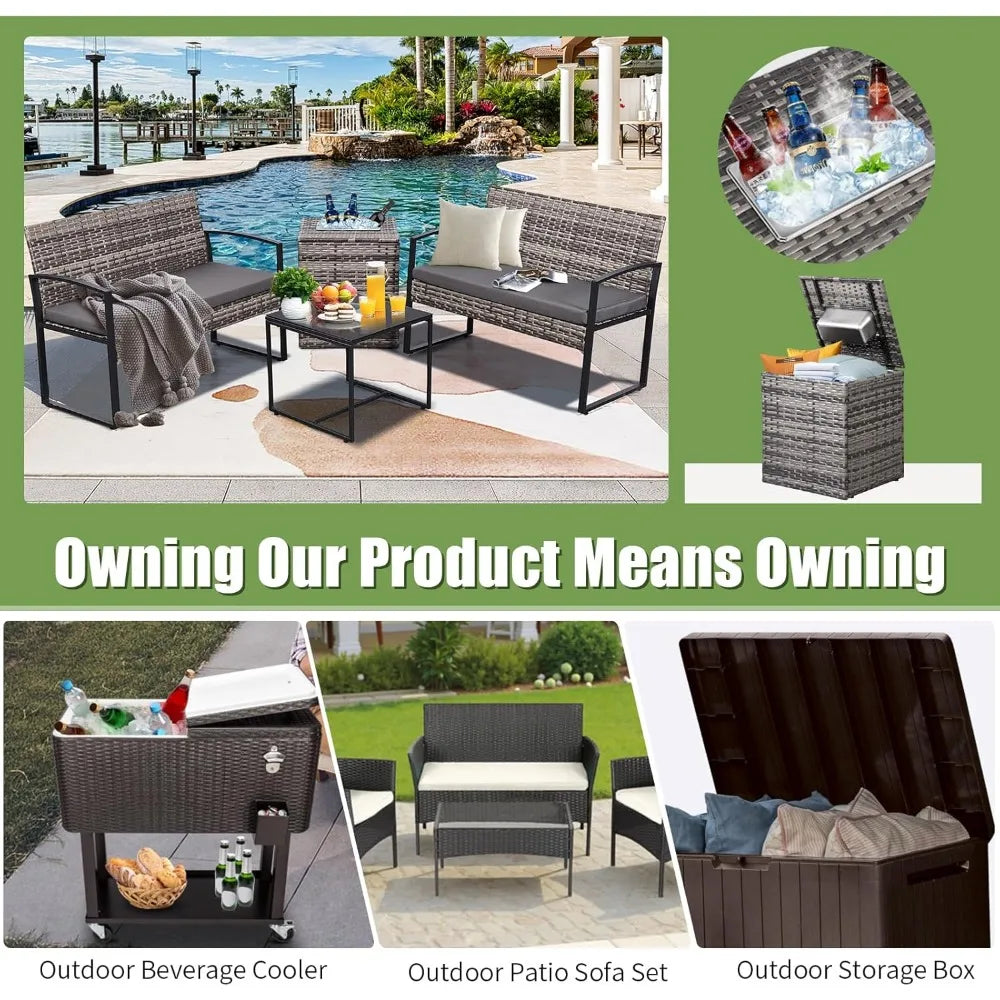 4 Piece Outdoor Patio Furniture Set with Built-in Beverage Cooler Storage Box, Wicker Conversation Sets Patio Outdoor Loves