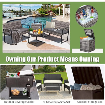 4 Piece Outdoor Patio Furniture Set with Built-in Beverage Cooler Storage Box, Wicker Conversation Sets Patio Outdoor Loves