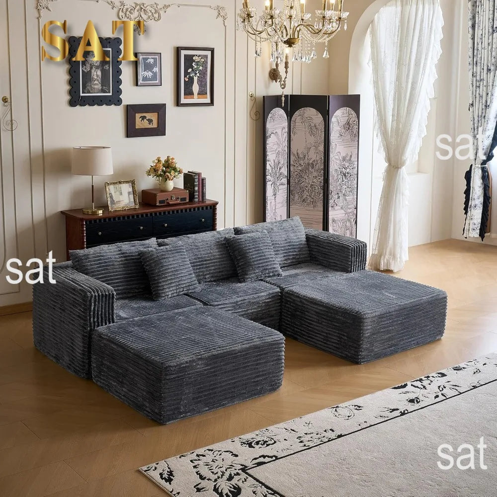 110" Modular Sectional Couch with 2 Movable Ottoman, Cloud Sofa Couches for Living Room, U Shaped Deep Seat Boneless Sofa