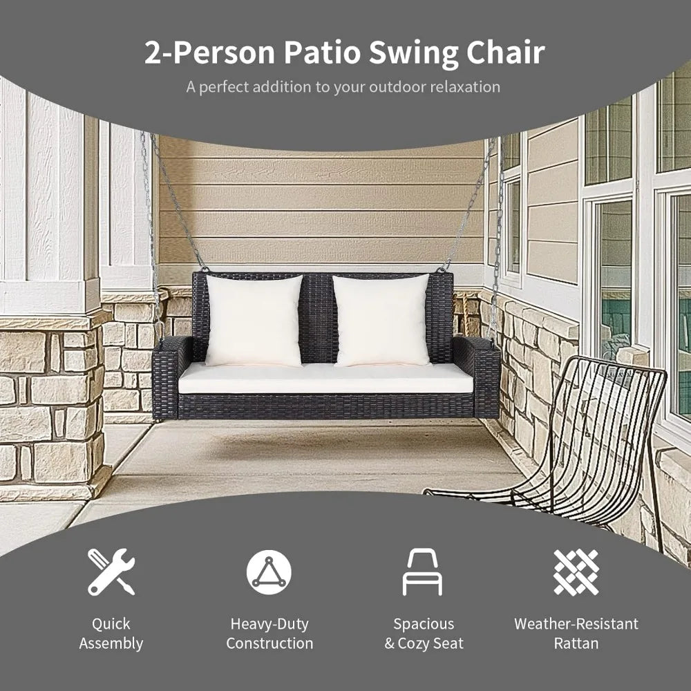 Two-Seat Outdoor Patio Rattan Wicker Swing with 7.9 Ft Steel Chains and Comfortable Backrest for Relaxation