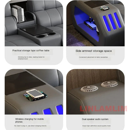 Modern Sectional Sofa Bed with LED Light, Electric Recliner and Massage | Living Room Genuine Leather Couch with Cup Holder, USB