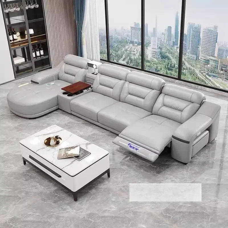 MANBAS Genuine Leather Living Room Sofas Sets Power Reclining Couch Electric Recliners With Projector, USB, Speaker & Cup Holder