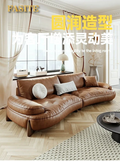 Leather sofa household living room modern brown small apartment curved creative sofa