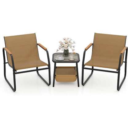 3 Pieces Patio Furniture Set Outdoor Bistro Conversation Set with Breathable Mesh Fabric and Metal Frame Front Porch T