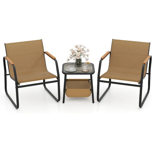 3 Pieces Patio Furniture Set Outdoor Bistro Conversation Set with Breathable Mesh Fabric and Metal Frame Front Porch T