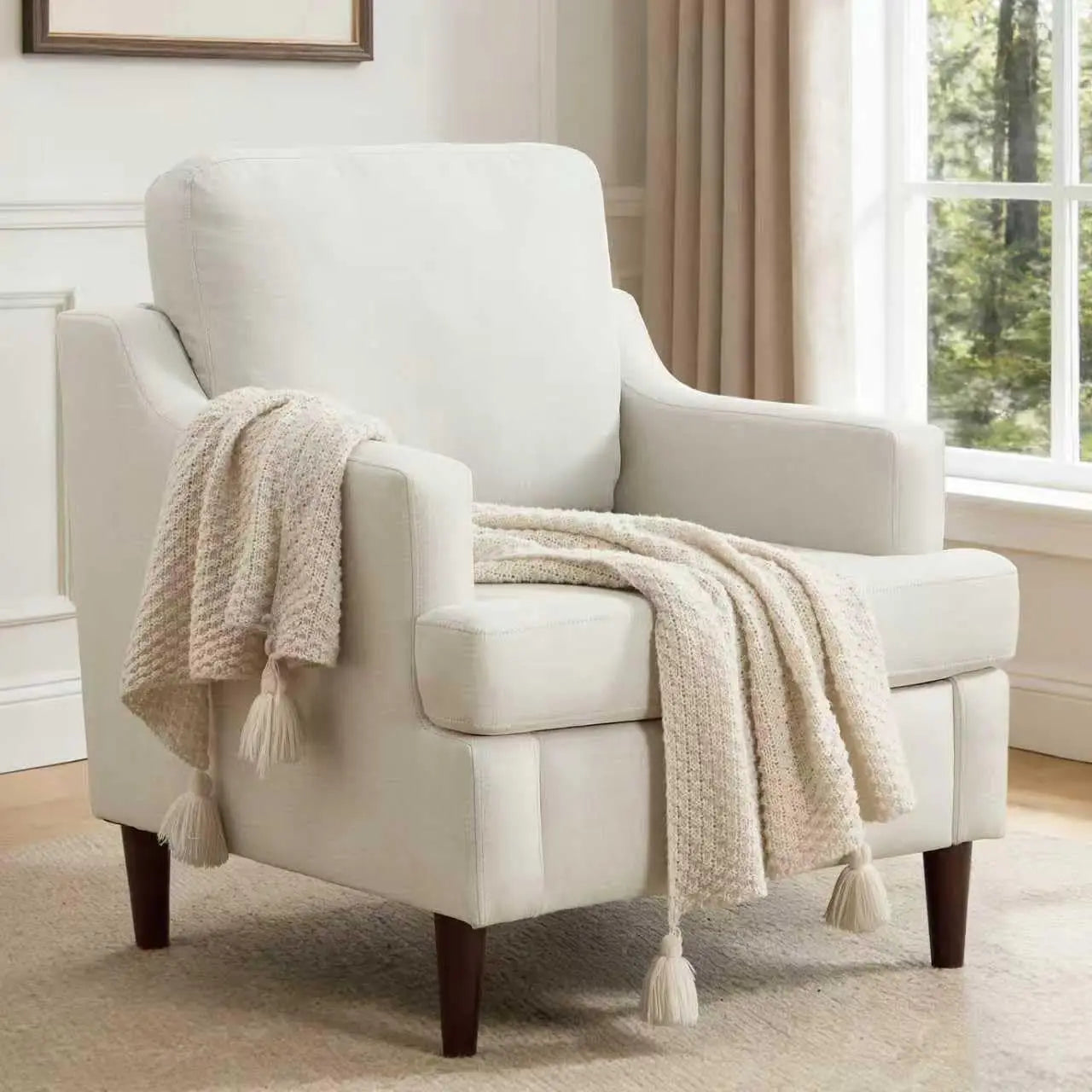 Mid-Century Accent Chair Modern Linen Fabric Armchair for Living Room,Comfy Upholstered Reading Chairs, Customized