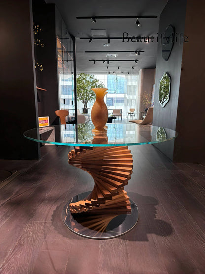 Italian retro arc design tempered glass round table light luxury special-shaped ash solid wood rotating ladder dining table
