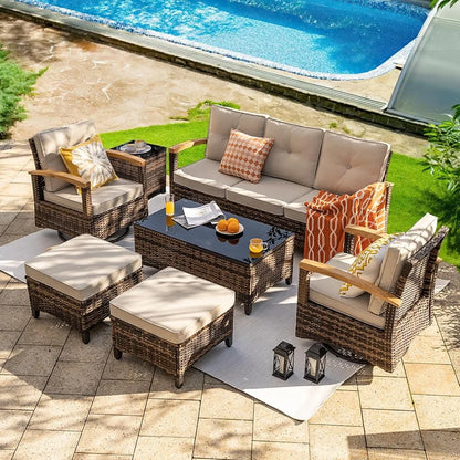7 Pieces Patio Furniture Set with 44” Fire Pit Table Wicker Rattan Sectional Conversation Set with Coffee Table and 4”