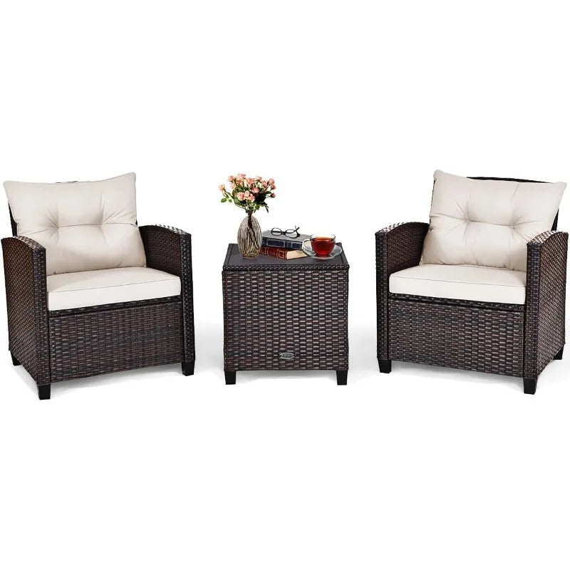 3 Pieces Patio Furniture Set, PE Rattan Wicker 3 Pcs Outdoor Sofa Set w/Washable Cushion and Tempered Glass Tabletop