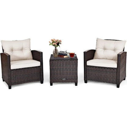 3 Pieces Patio Furniture Set, PE Rattan Wicker 3 Pcs Outdoor Sofa Set w/Washable Cushion and Tempered Glass Tabletop