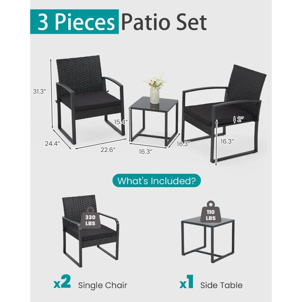 Patio Furniture Set, Outdoor Rattan Bistro Set with Coffee Table, Durable Steel Frame with Strapped Cushions for Garden, Balcony