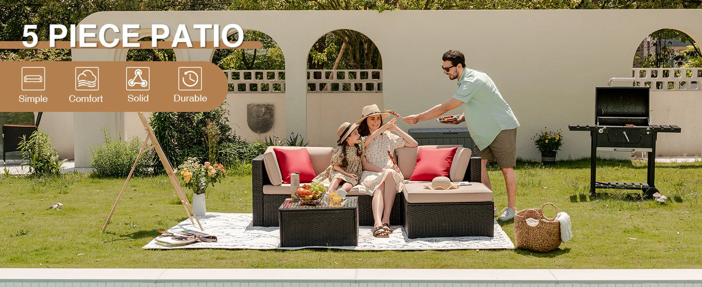 ts All Weather Outdoor Sectional Patio Sofa Manual Weaving Wicker Rattan Patio Seating Sofas with Cushion and Glass Table (Beige