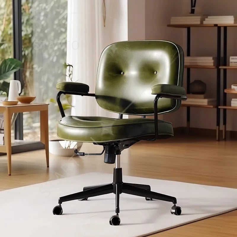 Home Computer Chair Office Chair Swivel Chair Oil Wax Leather and Top Layer Cowhide Style Retro Light Luxury Texture New