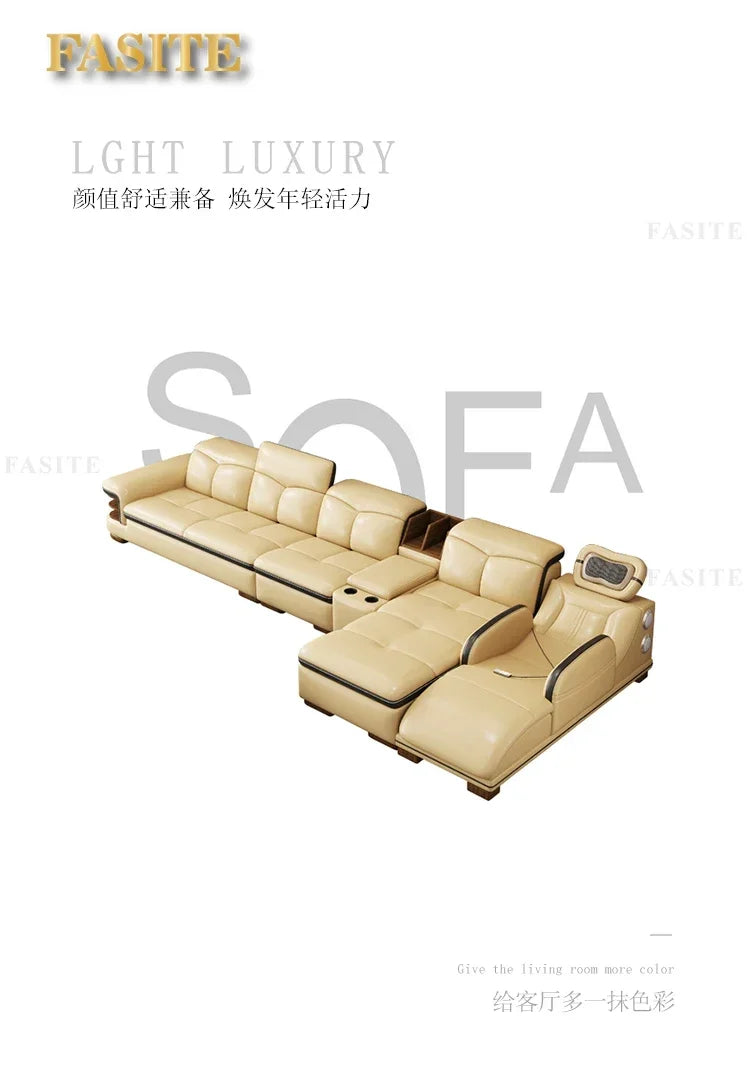 Premium Smart leather sofa massage for left and right noblewomen, cowhide solid wood living room corner small unit