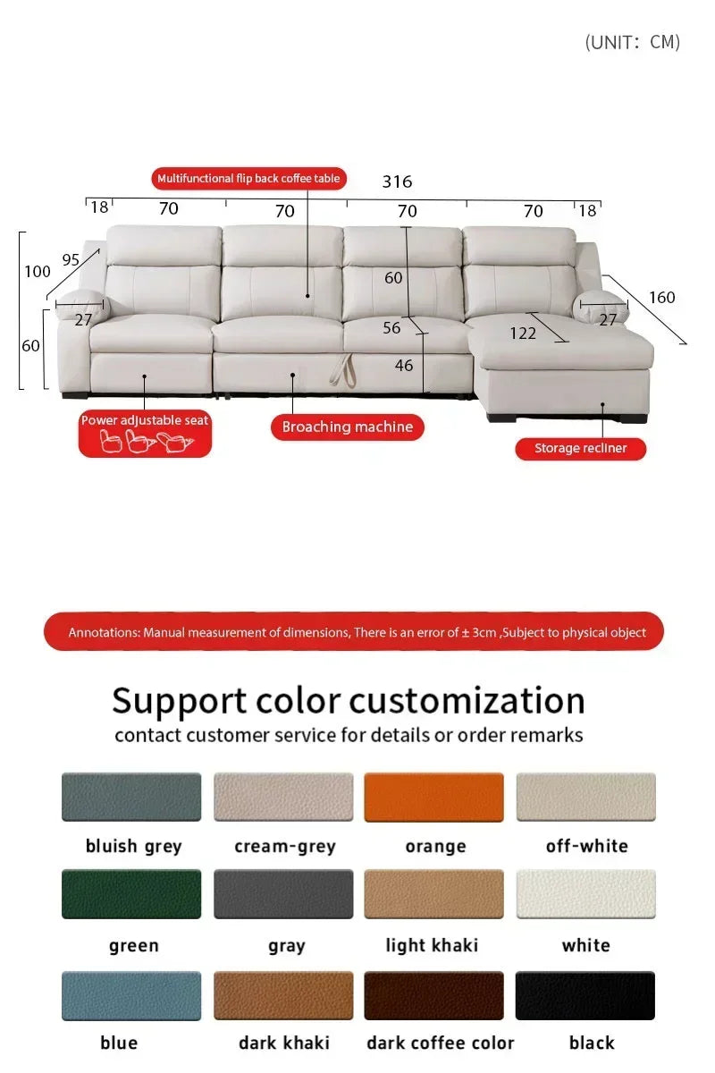 L-shaped Living Room Sofa Leather Electric Recliner Sofa Multi-functional Sofa Bed Folding Small Furniture with Storage Space