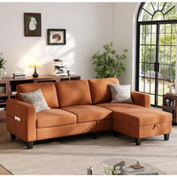 Sectional Sofa and Couches for Living Room, 78'' Orange 3 Seat L-Shaped Couch with Movable Ottoman, Comfy Velvet Convertible Sec