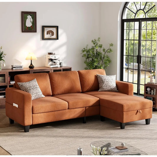 Sectional Sofa and Couches for Living Room, 78'' Orange 3 Seat L-Shaped Couch with Movable Ottoman, Comfy Velvet Convertible Sec