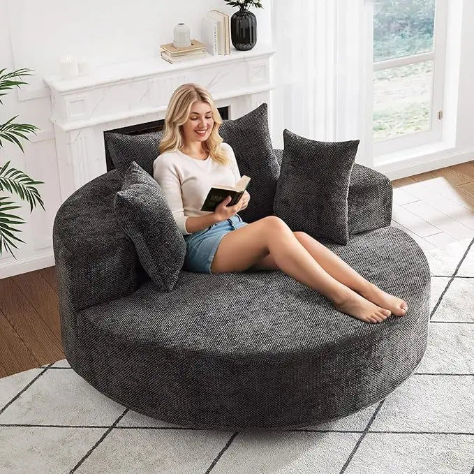 Oversized Round Swivel Chaise Longue Chair Indoor, Modern 55-inch 360 Degree Swivel Upholstered Chenille Deep Seat Circle Single