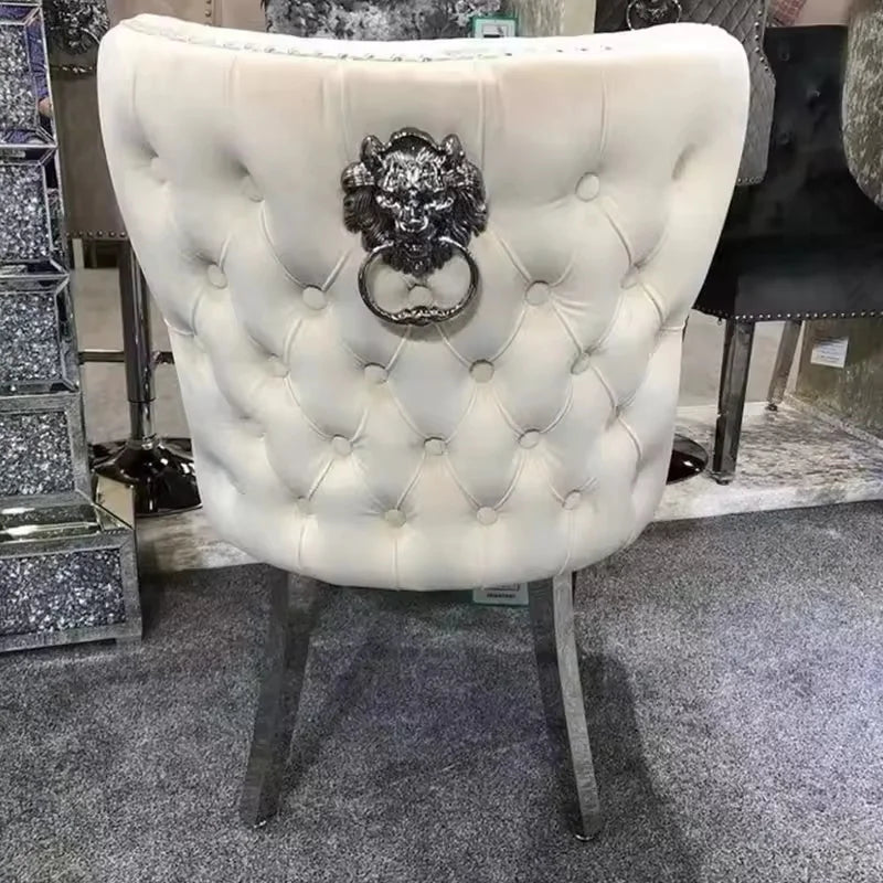 European Luxury Velvet Dining Chairs with Lion Knocker, Modern Button Tufted Design, Stainless Steel Legs  Set of 6